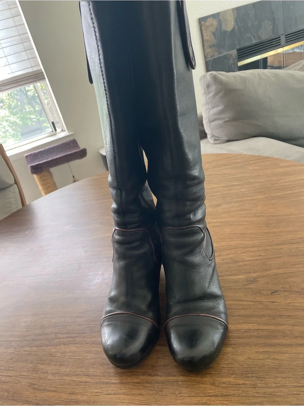 Biviel Black Leather with Magenta piping Knee-High Women’s Boots